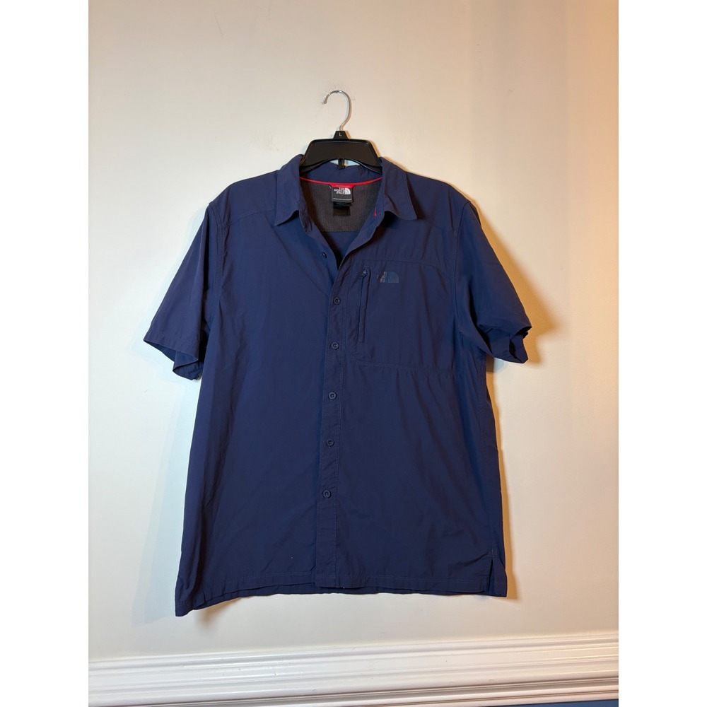 The North Face Hiking Shirt Mens Large Blue Short Sleeve Vented Button Up Pocket